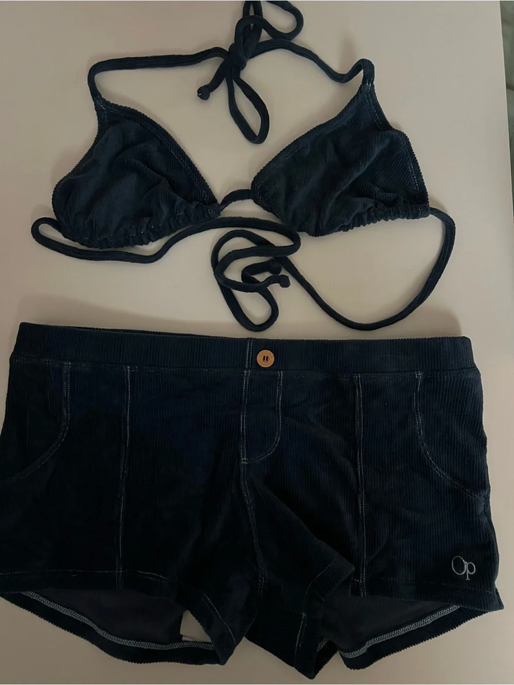 OP Dark Blue Corduroy Triangle Bikini Top and Swim Shorts